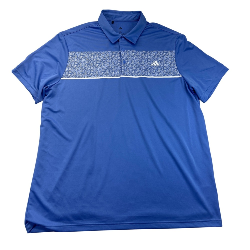 Adidas Polo Shirt Mens 2XL Blue Floral Print Golf Performance Short Sleeve
